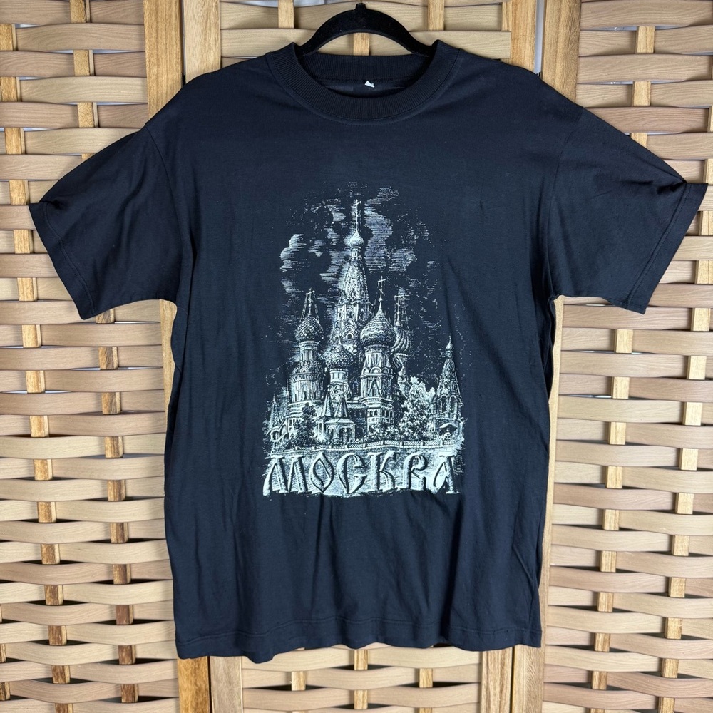 MOCKRA Russian Moscow Church Black Graphic Burnout Short Sleeve T-Shirt